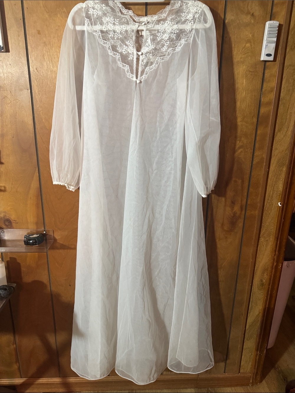La Femme White Sheer Long Nightgown with Lace Yoke